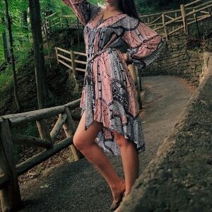 Jaase Odetta patchwork balloon sleeve dress boho short knee length high low XS S